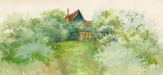 Fototapeten Watercolor rural house in green landscape © kostanproff
