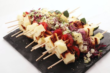 grilled halloumi vegetable kebabs