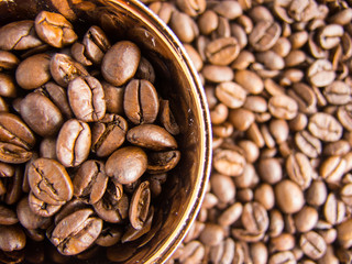 coffee beans and coffee cup view from above