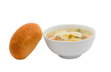 Chicken soup with a bun