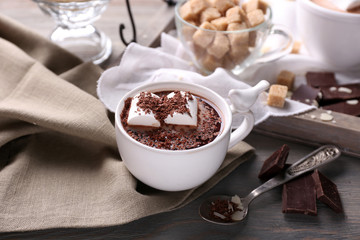 Hot chocolate with marshmallows in mug,