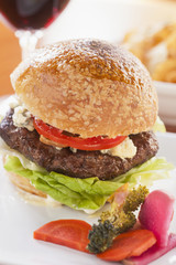 hamburger with caramelized onions, blue cheese and aioli