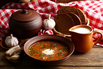 Ukrainian beetroot soup - borscht in bowl and pot,