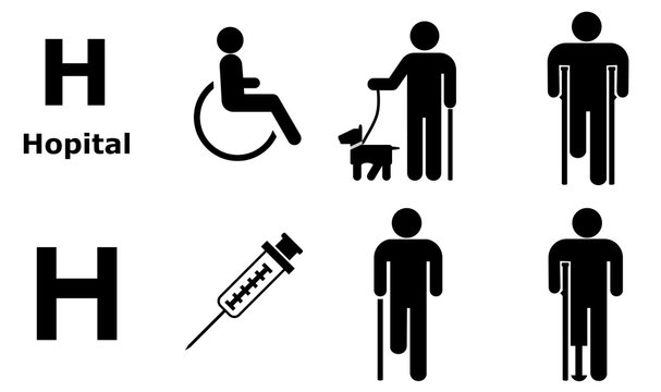 Hôpital et personnes handicapées en 8 icônes