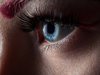 Female eye with long eyelashes close-up and red make-up
