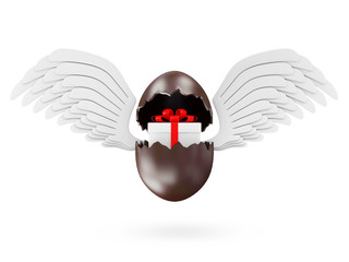 Broken Chocolate Easter Egg with Gift Box Inside and Angel Wings