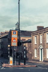 Road warning retractable electric Bollards ahead, Cambridge, UK
