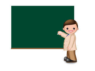 Smiling teacher writes something on the blackboard