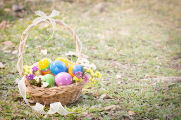 Fototapeta na wymiar Colorful easter eggs in basket on green grass