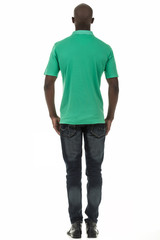 Obraz premium Black man in short sleeve collar shirt on white background