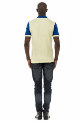 Fototapeta premium Black man in short sleeve collar shirt on white background