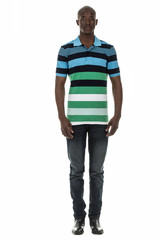 Fototapeta premium Black man in stripped short sleeve collar shirt on white