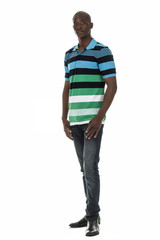 Fototapeta premium Black man in stripped short sleeve collar shirt on white