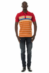 Fototapeta premium Black man in stripped short sleeve collar shirt on white