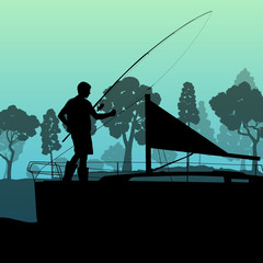 Man fishing on lake from boat vector background landscape