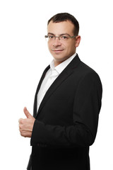 businessman showing thumbs up in office isolated