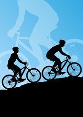 Naklejka na ściany i meble Active men cyclists bicycle riders in landscape background illus