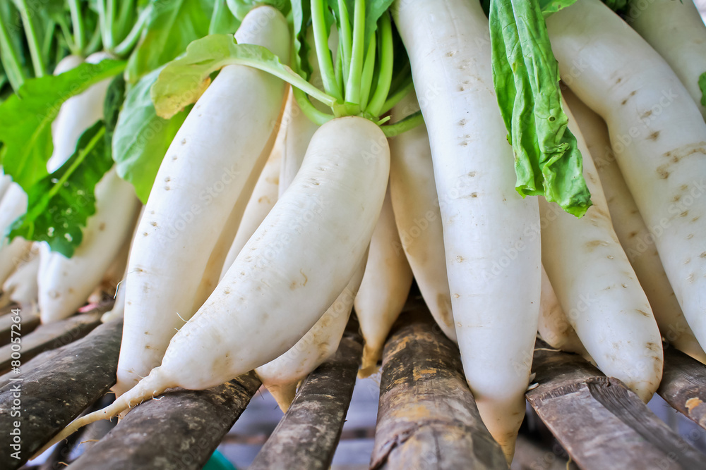 Wall mural daikon radish for sale in market.