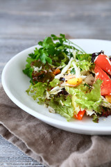 Salad with vegetables and lettuce on a white plate