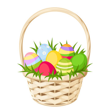 Easter colorful eggs in basket. Vector illustration.