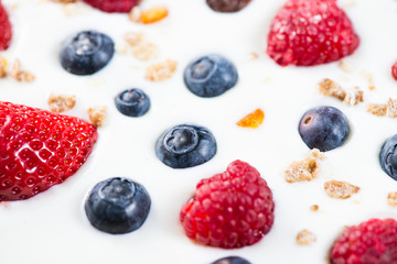 fresh berries fruits isolated on greek yogurt, healthy backgroun