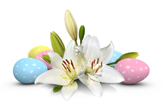 Beautiful White Easter Lily Flowers And Polka Dot Eggs
