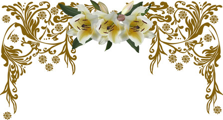 brown half frame decoration with lily flowers on white