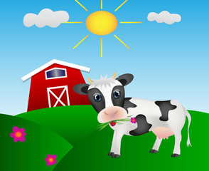 Obraz na płótnie Canvas Happy cow on the meadow with farm and sun