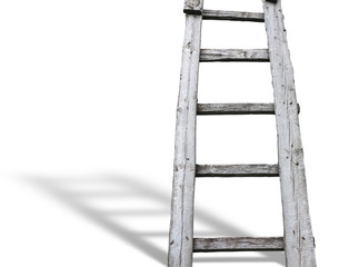 Old wooden vintage cuve ladder with shadow over white