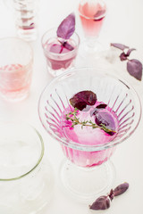 Lemonade red basil thyme and ice cubes