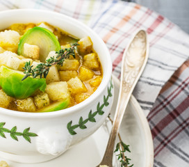 Homemade soup with brussels sprouts and croutons