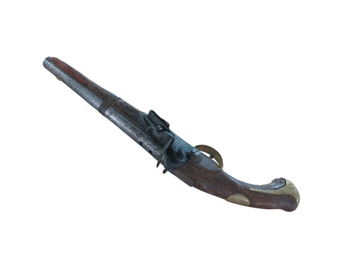 18th Century antique flintlock pistol isolated over white