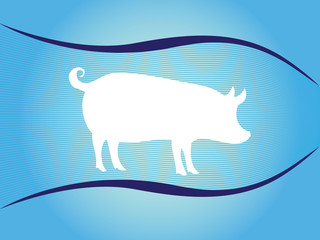 White silhouette of pig on blue background with waves