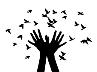 silhouettes of hands, letting the birds