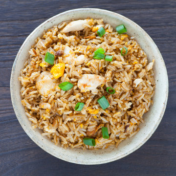 Healthy food fried rice chicken with egg and green onion