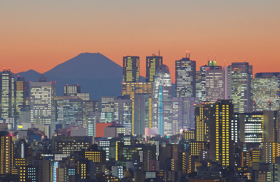 Tokyo cityscape and Mountain fuji at twilight..