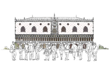  People and tourists in front of Doges palace in Venice, Sketch 