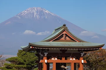 Fotobehang Japan temple detail and Mountain Fuji in background © torsakarin