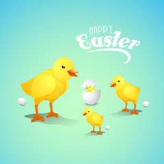 Cute chicks with eggs for Happy Easter celebration.