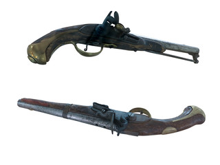 18th Century antique flintlock pistols isolated over white