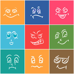 Colorful set of funny faces with different expressions.