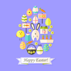 Easter Holiday Card with Flat Icons Set Egg shaped