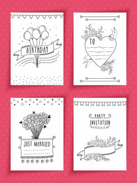 Creative hand drawn party invitation cards set.