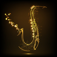 Fototapeta na wymiar Shiny golden saxophone with musical notes on brown background.