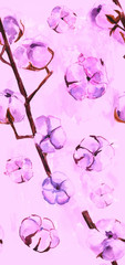 Seamless background pattern of watercolour cotton flowers