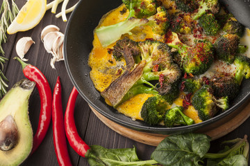 frying pan with fried eggs and broccoli on the wooden table
