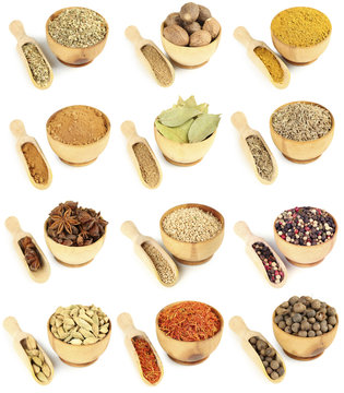 Collage of different spices in bowls isolated on white