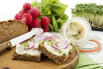 Schmalzbrot mit Kresse, rote Zwiebel und Radieschen