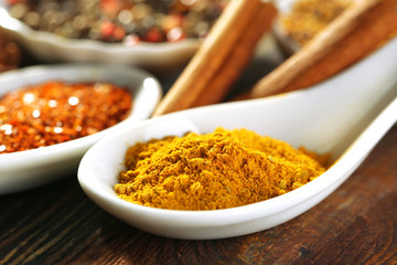 Different kinds of spices in ceramics spoons, close-up,