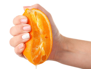 Female hand squeezing orange isolated on white